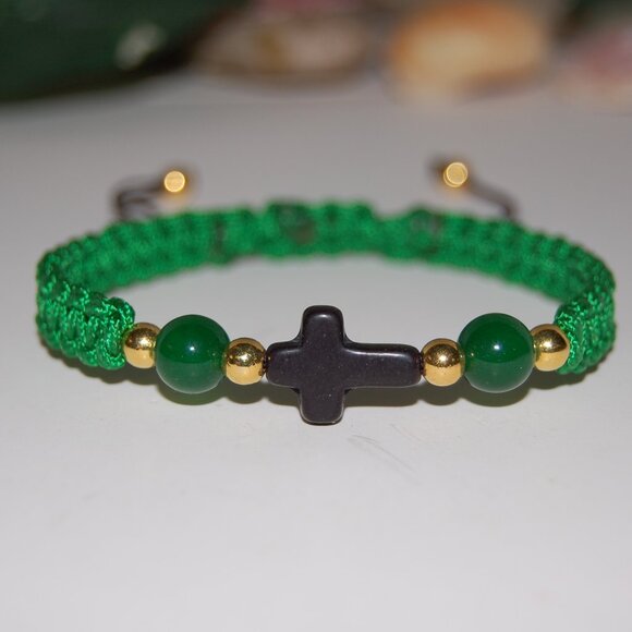 Cross Bracelet,Gemstone Beads,Braided Bracelet,Green Bracelet - Picture 2 of 3
